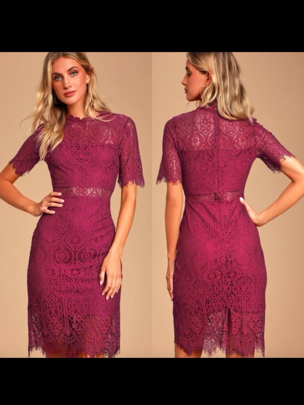 Lulu's Remarkable Magenta Lace Midi Sheath Dress Size Small